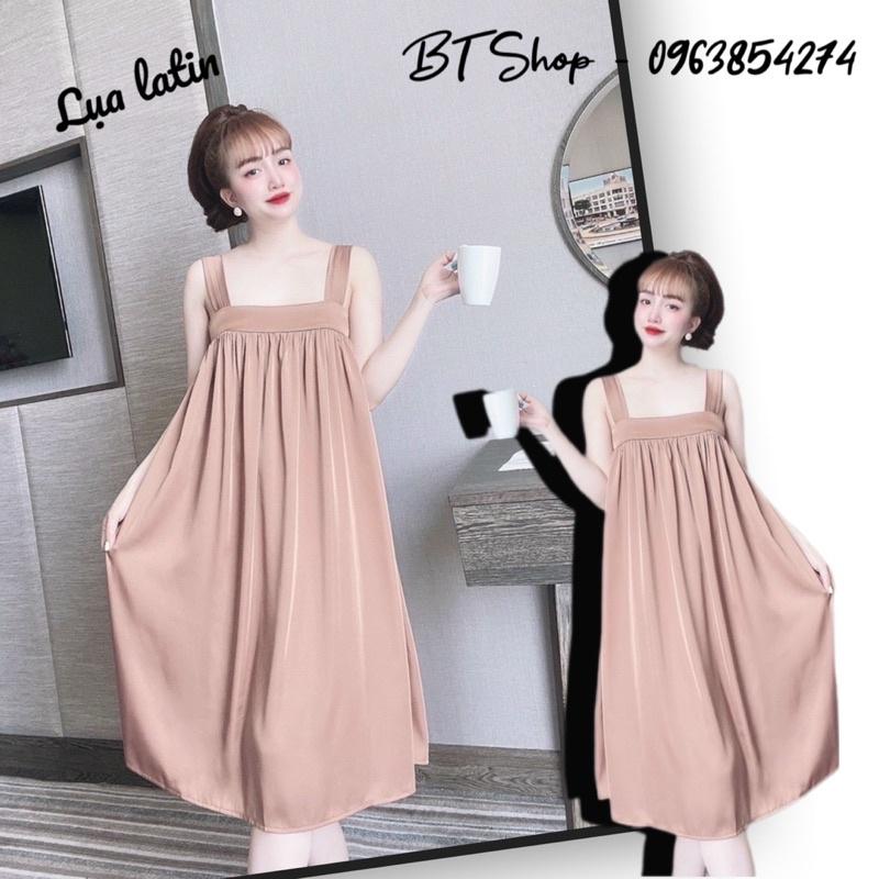 Đầm váy ngủ mặc nhà lụa latin trơn xoè freesize 42-57kg