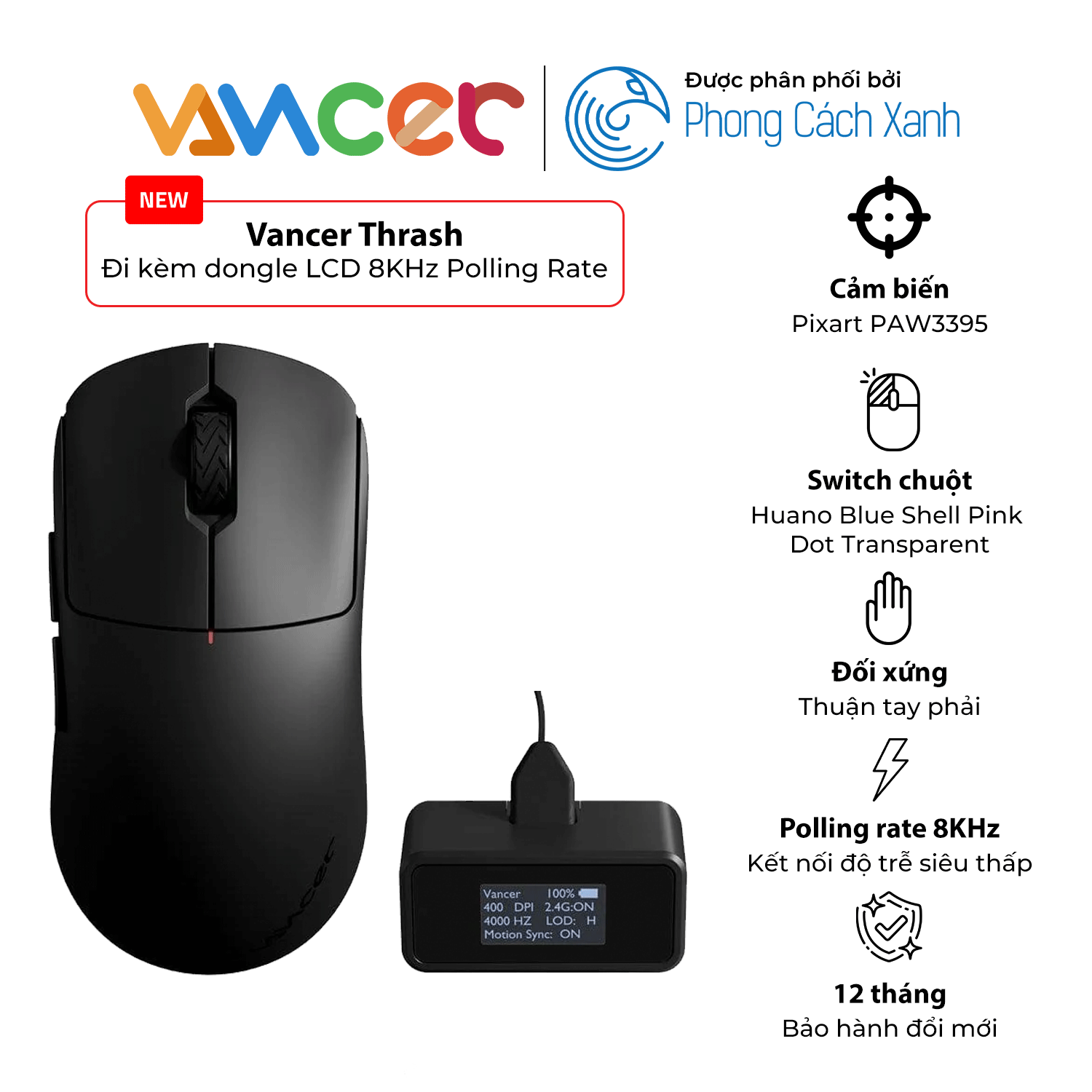 Chuột không dây siêu nhẹ Vancer Thrash - Đi kèm dongle LCD 8KHz Polling Rate - Hàng Chính Hãng