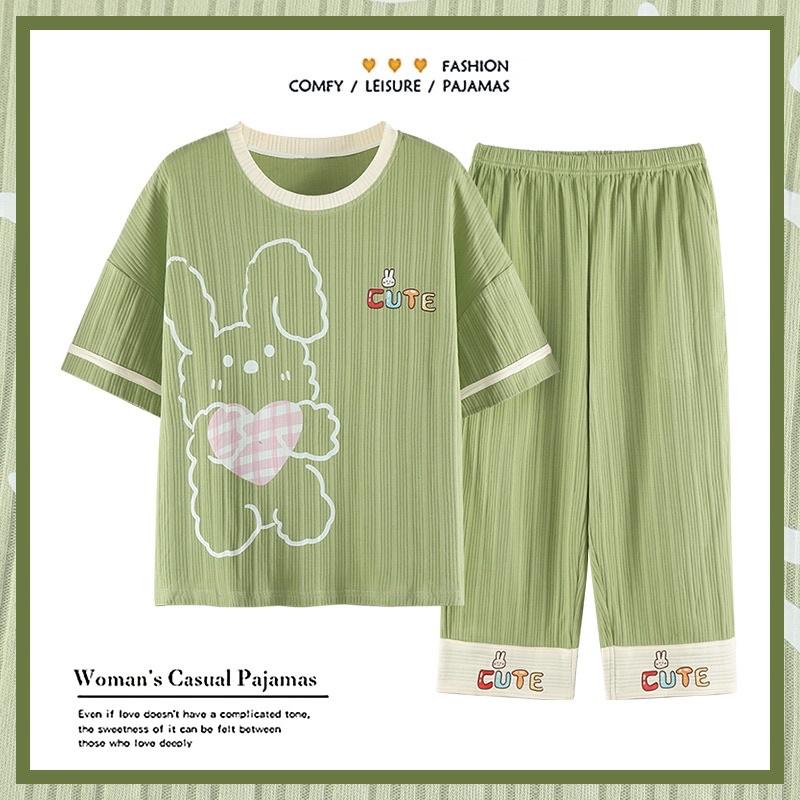 Bộ Mặc Nhà Pyjama Lửng Cộc Tay Cổ Tròn Cotton Co Dãn Mềm Mại