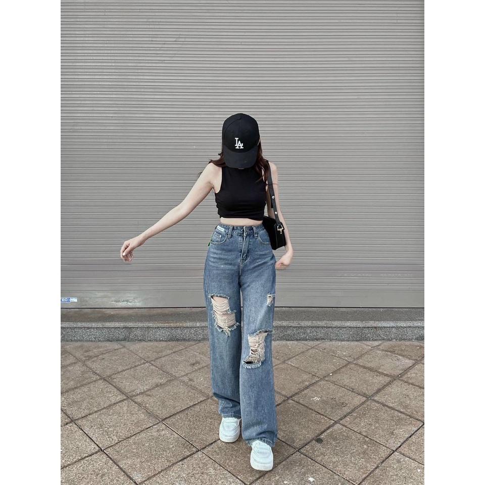 Quần Jeans Nữ Ống Rộng Rách 2 Gối Dáng Suông