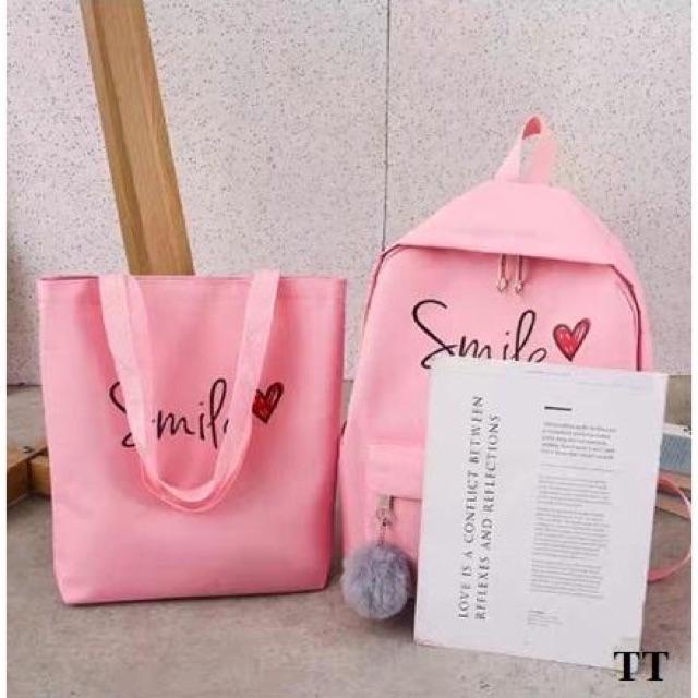 Balo thời trang, balo đi học, đựng laptop Balo Set 4 Món Smile balo nữ vải