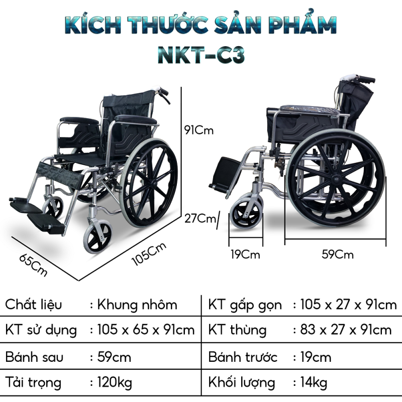 Xe lăn nâng tay gấp gọn NIKITA có thể để cốp ô tô - Bản mới 2024
