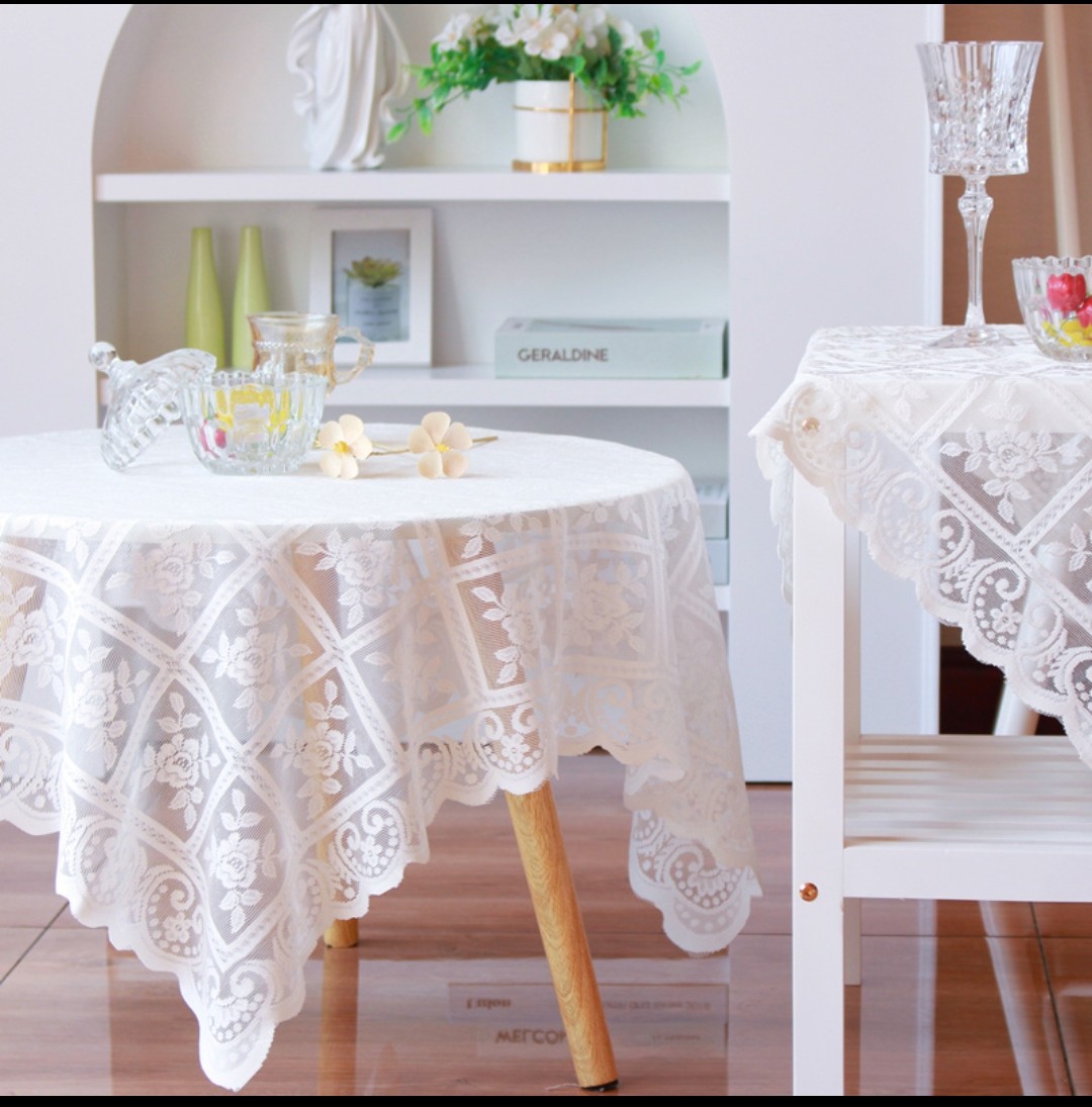 Khăn trải bàn vải ren trắng in hoa văn dập nổi phong cách Pháp tuyệt đẹp sang trọng trải bàn tròn, bàn chữ nhật, bàn vuông decor phòng khách, phòng ngủ, phông nền chụp ảnh KB-03
