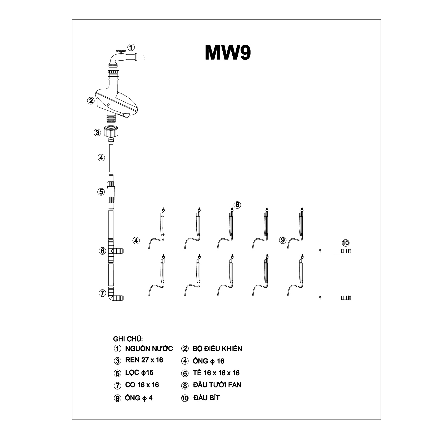 Bộ tưới cây hình cánh quạt Fan MW9