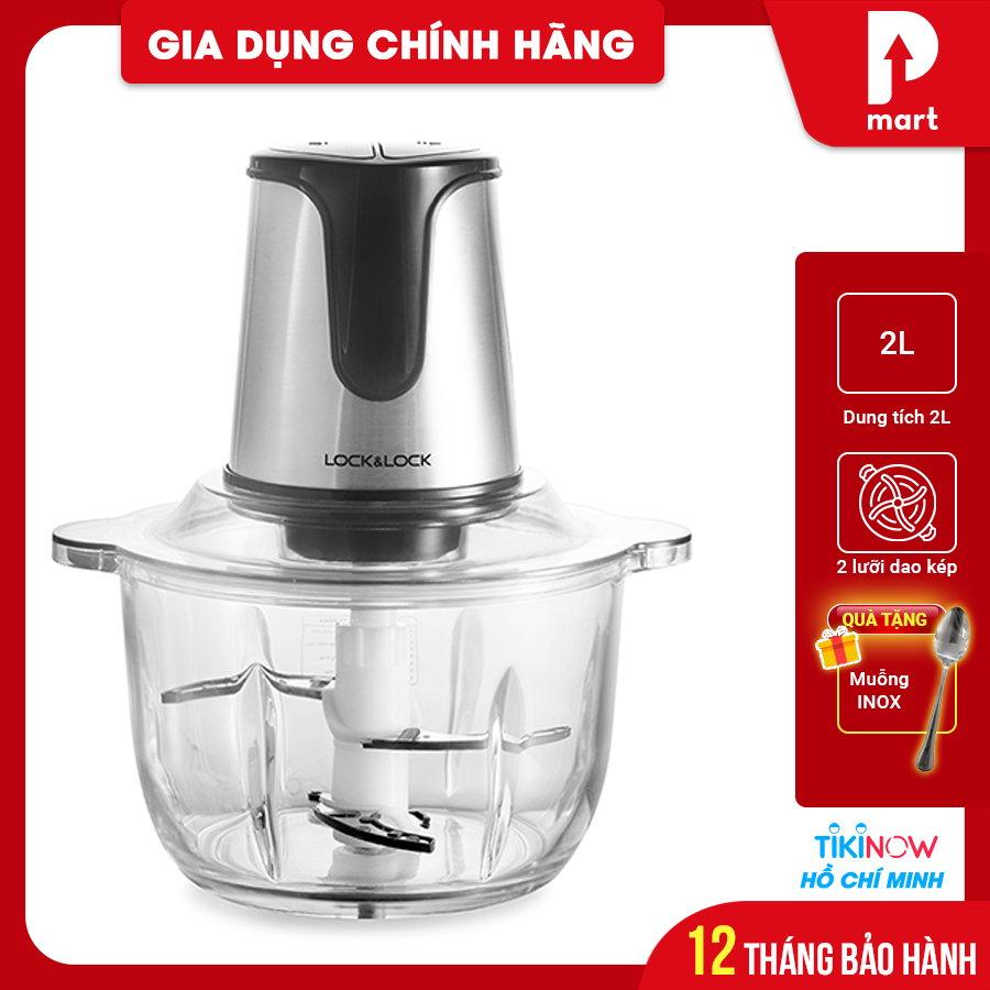 Máy Xay Thịt Cối Thủy Tinh 2 Lưỡi Dao Kép Lock&amp;Lock EJM171 (2L) Tặng Muỗng Inox - Hàng Chính Hãng