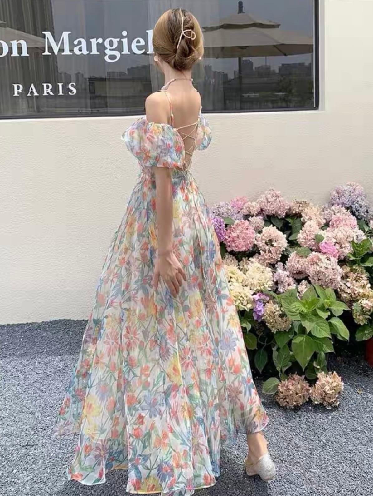 ĐẦM DÀI HOA MAXI ĐI BIỂN CỔ U DÂY LƯNG SUÔNG XÒE MIDI FLORAL DẠO PHỐ DỰ TIỆC