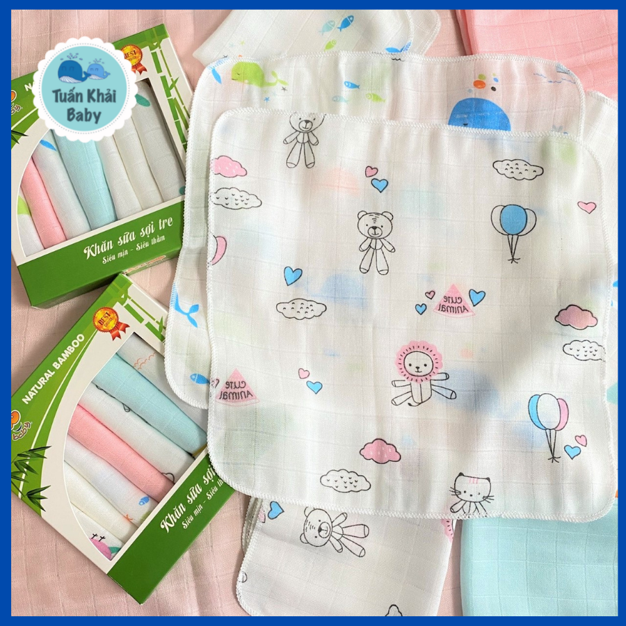 Khăn sữa Sợi Tre Cao Cấp Kachoo Baby in hình -Hộp 8 cái 2 Lớp -  Kích thước 30x30cm