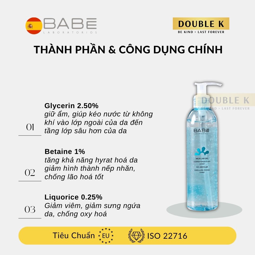 Gel Tẩy Trang và Rửa Mặt BABE Micellar Gel - Dùng Được Cho Da Nhạy Cảm - Double K