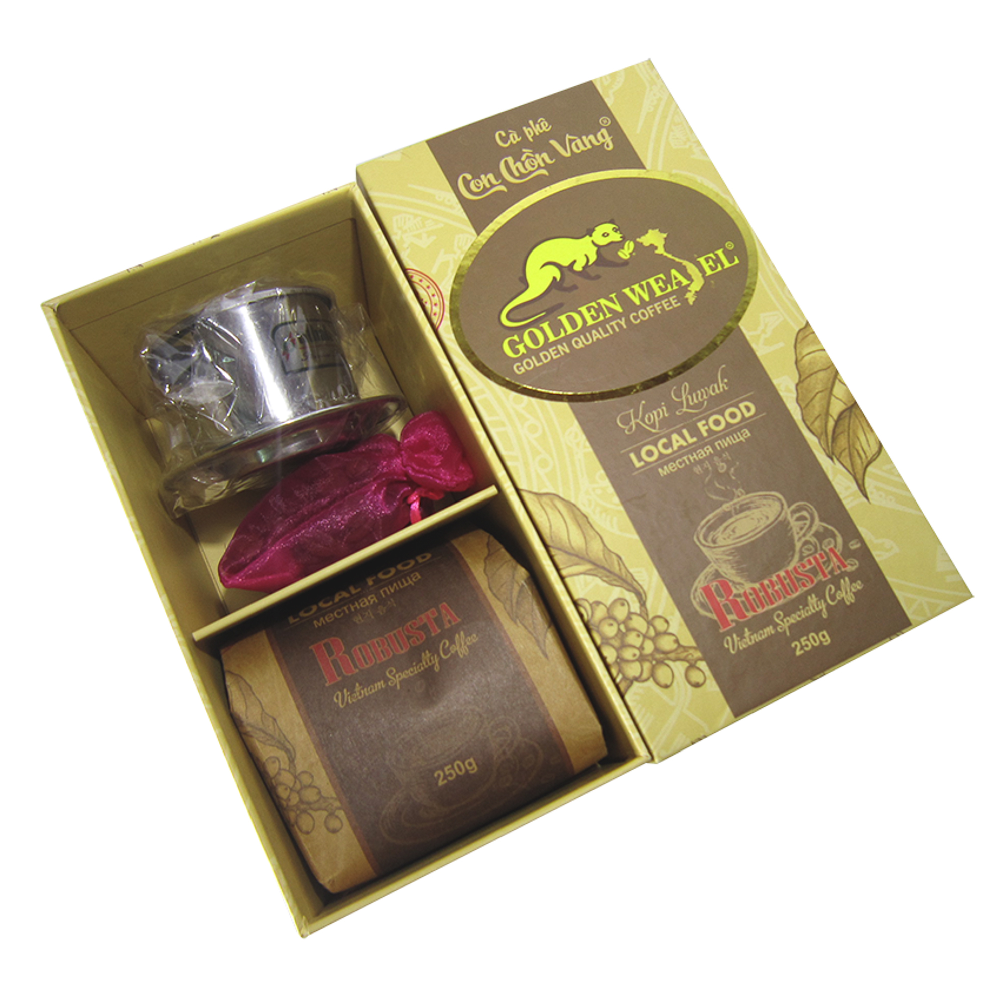 Cà Phê Robusta Rang Xay Nguyên Chất Con Chồn Vàng - Hộp Vuông 250Gr