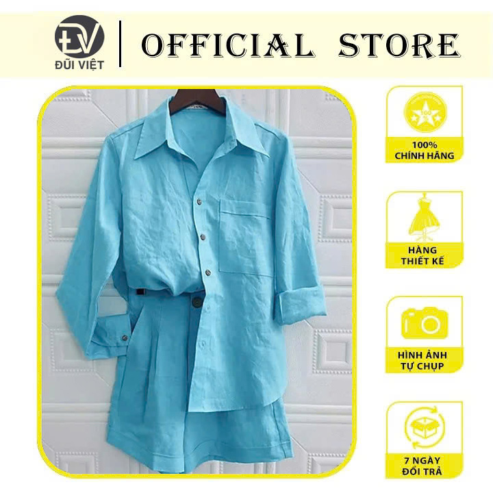 Set quần short và áo sơ mi dài tay cho nữ, chất linen cao cấp Đũi Việt, phong cách Hàn Quốc