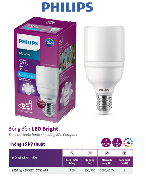 Bóng đèn PHILIPS LED Bright E27-Công suất (9W, 11W, 13W, 15W, 17W) ánh sáng vàng, ánh sáng trắng