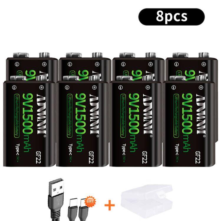 1500mAh Type-C USB 9 Volt Pin sạc li-ion 6F22 9V Li ion Pin cho đồ chơi mô hình máy bay trực thăng RC Micrô Màu sắc: 8 Cái 9v