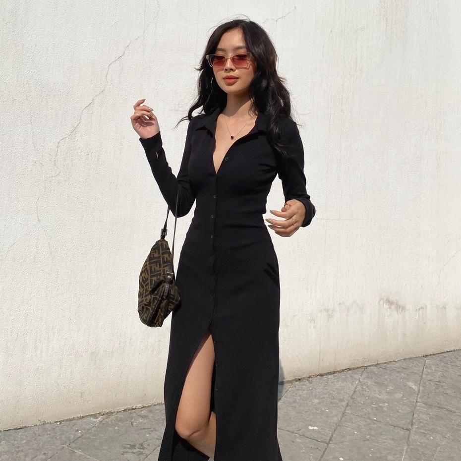 Váy thun gân body dài tay đen Mia đầm sơ mi len gân gân khuy trước váy maxi Angelina Long Sleeve Dress Mia Ritta V1028