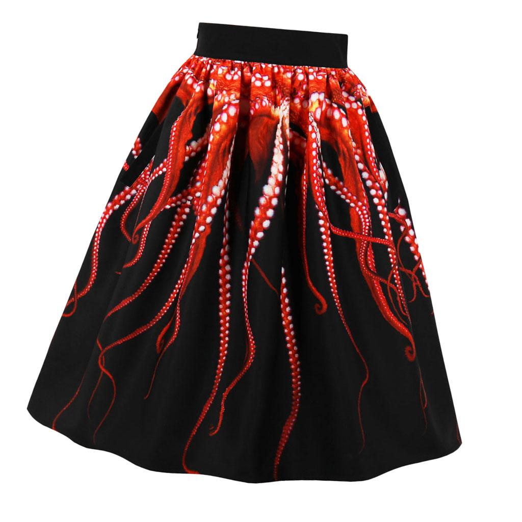 Women's Digital Print High Waisted Midi Party Skirt Vintage A-Line Pleated Skater Skirts