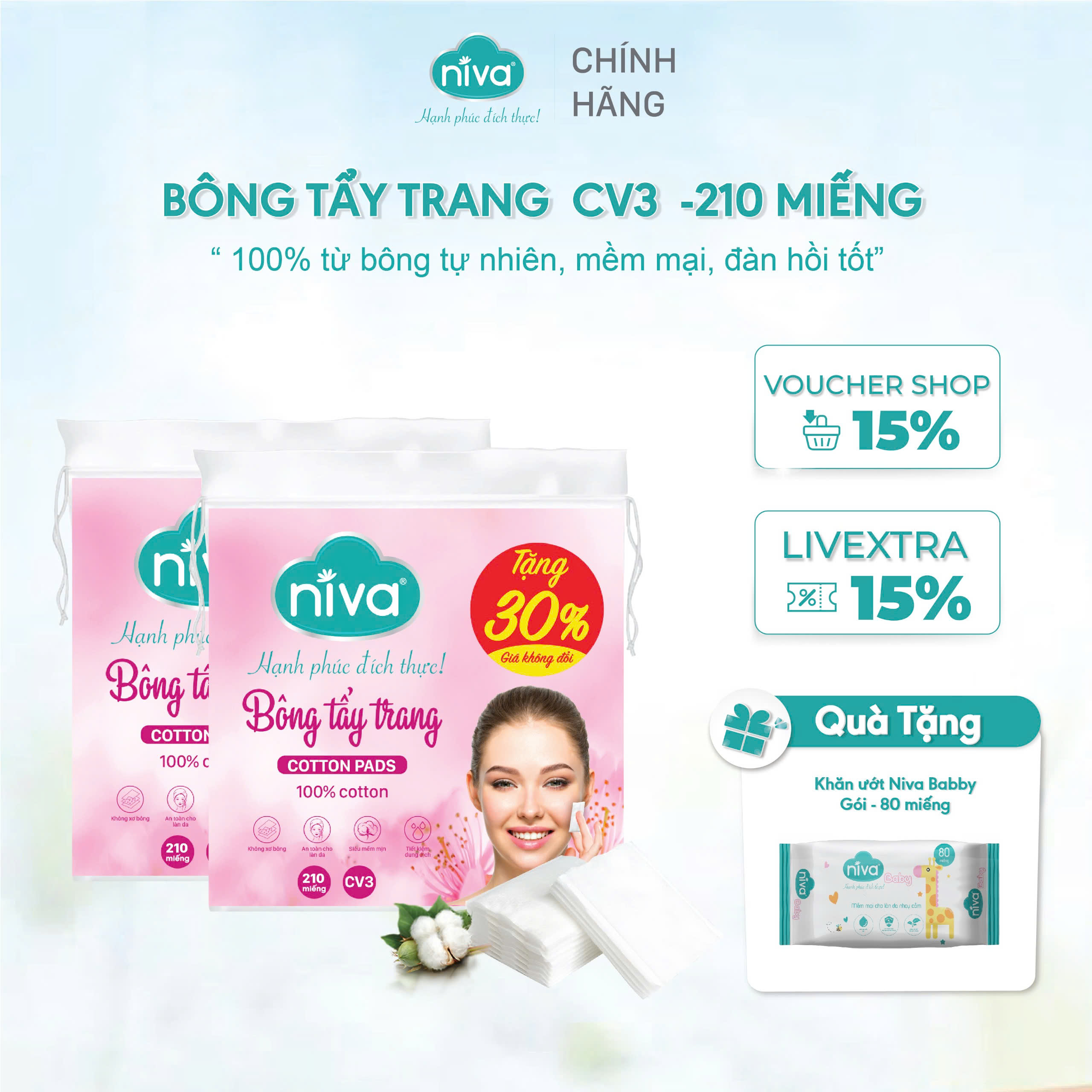 Bông Tẩy Trang Vuông NIVA  Túi 210 Miếng Cotton Pads Cao Cấp CV3 Bản Cải Tiến Bông Thiên Nhiên Thuần Khiết