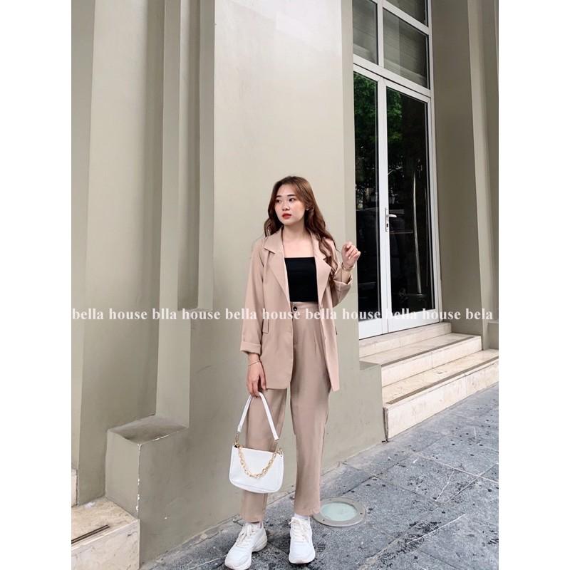 áo blazer cúc bọc nâu &amp; quần baggy