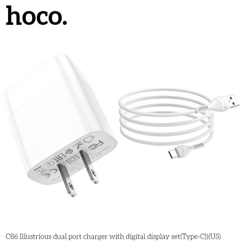 Bộ Sạc Type-C Hoco C86 Cho Samsung, Xiaomi, Oppo,... Bộ Sạc 2 Cổng Có Đèn, Sạc Nhanh MAX 2.4A - Hàng Chính Hãng