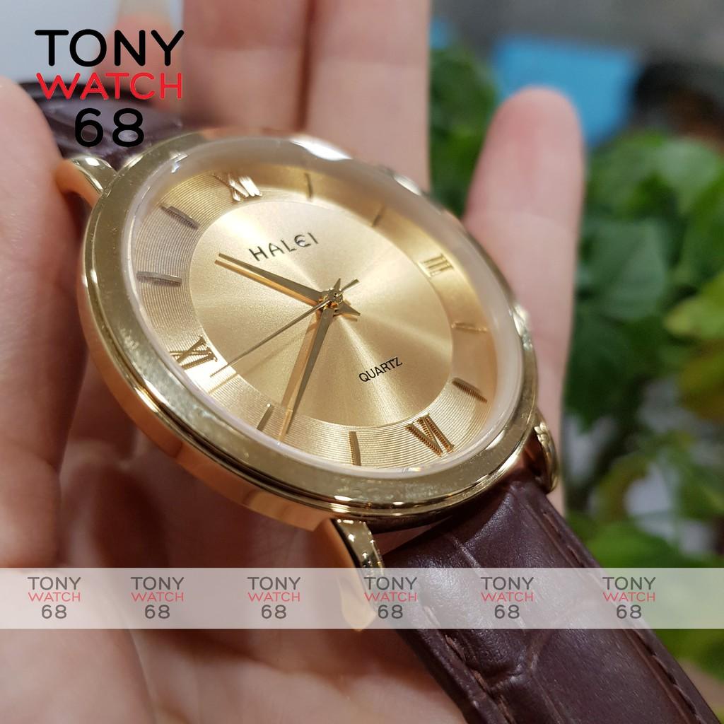 Đồng Hồ Nam Dây Da Nâu Mặt Trắng Viền Vàng Halei Chính Hãng Tony Watch 68