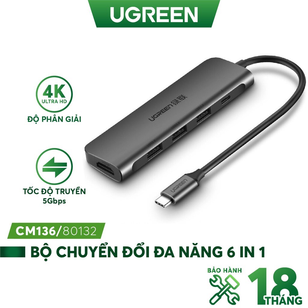 Bộ Chuyển USB C 6 in 1 UGREEN 80132 USB C to 3 USB 3.0+HDMI 4K + Audio 3.5mm hỗ trợ Mic + PD 100W hàng chính hãng