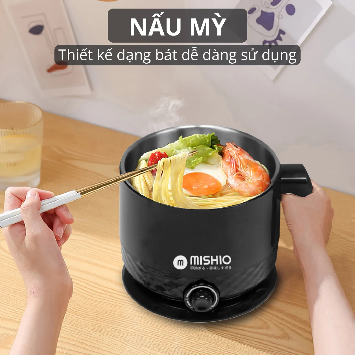 Ca nấu đa năng Mishio MK214 600W 1,5L inox 304, nấu nước, nấu mì, lẩu - Màu trắng xám - Hàng chính hãng