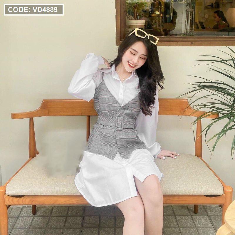 Đầm sơ mi Vải Kate Form Rộng Tay Dài Kèm Áo Yếm 2 Dây Cara - Váy Sơ Mi thắt eo Freesize từ 40 đến 55kg