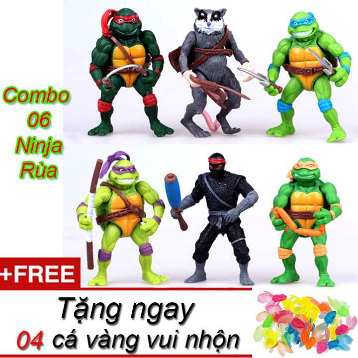 Bộ 6 mô hình Ninja rùa phiên bản 2014 kích thước 12cm tặng kèm 04 cá cảnh bằng nhựa