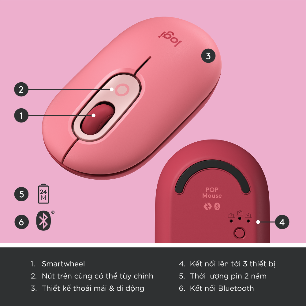 Chuột không dây bluetooth Logitech POP MOUSE - giảm ồn, nút emoji tùy chỉnh - Hàng chính hãng