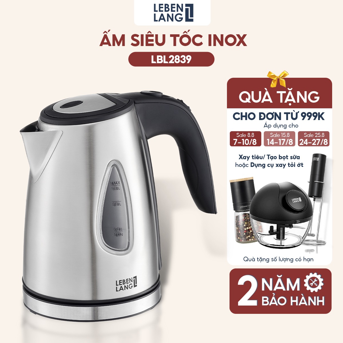 Ấm siêu tốc mini Lebenlang LBL2839, công suất 1630W, dung tích 1L, inox 304, thiết kế nhỏ gọn tiện lợi, bảo hành 2 năm - hàng chính hãng