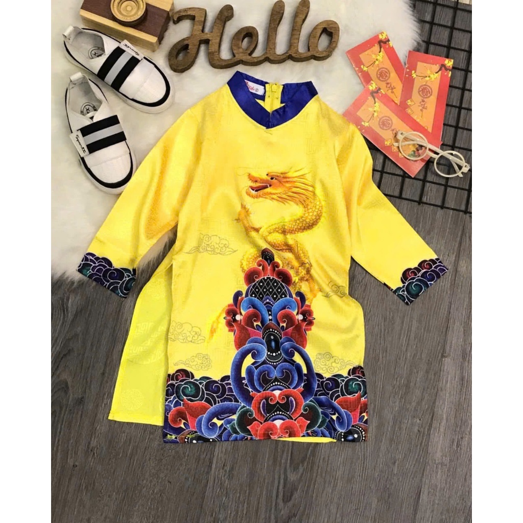 Áo dài tết cho bé trai mẫu rồng vàng mặc lễ tết noel dự tiệc đẹp từ 10-40kg hàng thiết kế cao cấp