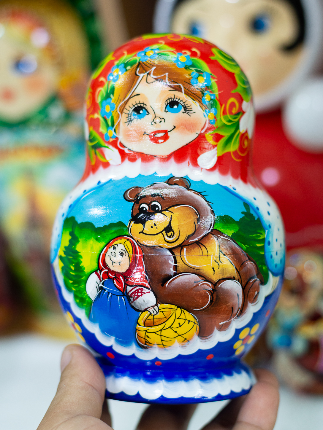 BỘ BÚP BÊ MATRYOSHKA 10 LỚP 18CM DÁNG TRÒN VẼ HOA VĂN "MISA VÀ GẤU NÂU" CỰC DỄ THƯƠNG