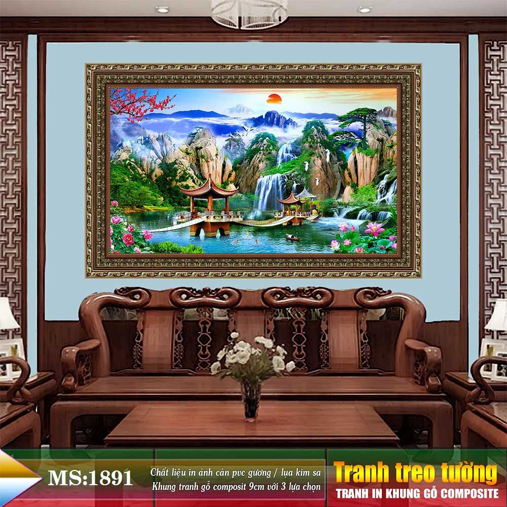 Tranh treo tường phòng khách, phòng ngủ SƠN THỦY HỮU TÌNH khung gỗ composit chất liệu pvc gương / lụa kim sa. MS:1891L9