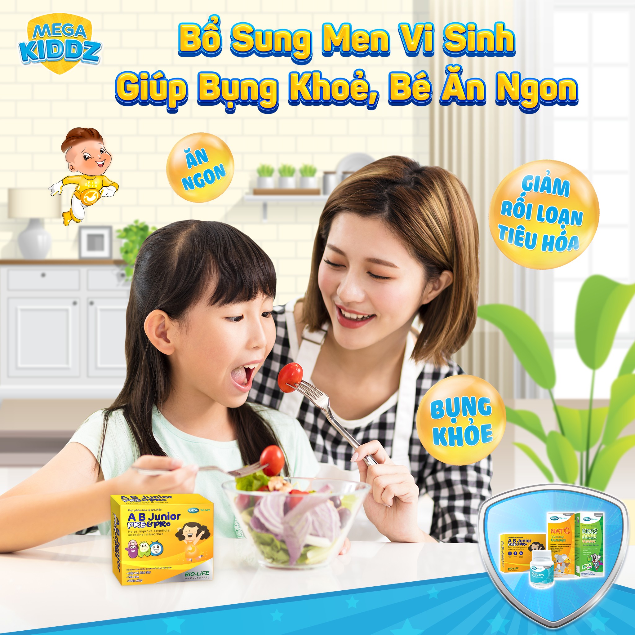 Gói bột men vi sinh lợi khuẩn sống & chất xơ, khỏe đường ruột, giảm táo bón, khó tiêu, đầy hơi AB JUNIOR PRE&PRO 10 gói