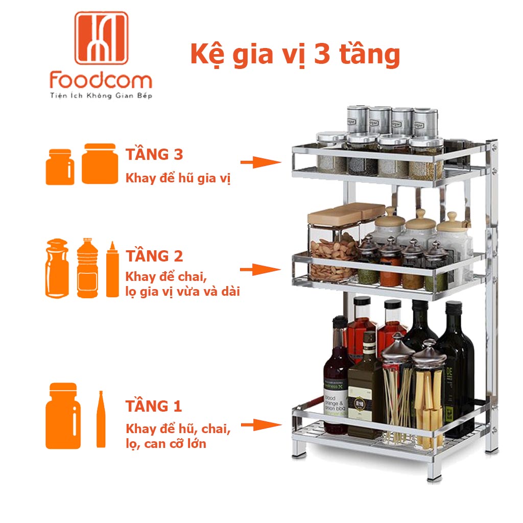 Kệ để gia vị đa năng cao cấp 3 tầng Foodcom chất liệu inox cao cấp không han gỉ, kệ đựng chai lọ đa năng, kệ để đồ nhà bếp gọn gàng sang trọng hơn, tiết kiệm không gian gia đình