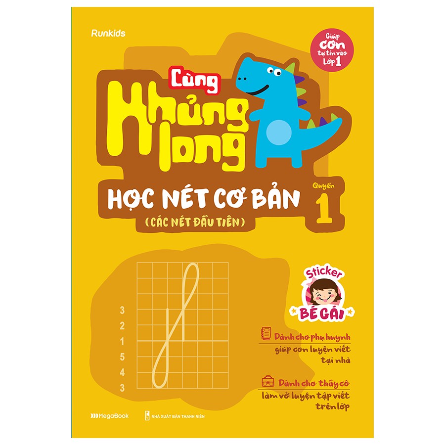 Sách Combo 3 cuốn Cùng Khủng long học nét cơ bản (Nét, số, chữ cái đầu tiên) Bé gái-Tặng kèm Sticker