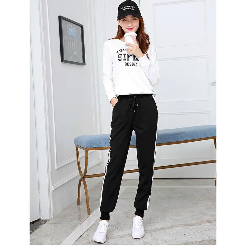 Quần jogger thể thao nỉ nam nữ thun dài nam phối trắng thu đông, Quần jogger nam nữ phom rộng Hàn Quôc co dãn 4 chiều