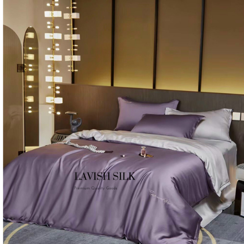 Trọn Bộ Ga Gối Lụa Kèm Chăn Sẵn Ruột + Tặng Bộ Quà Tặng Lavish Silk Cao Cấp - Tím Mix Bạc Kim