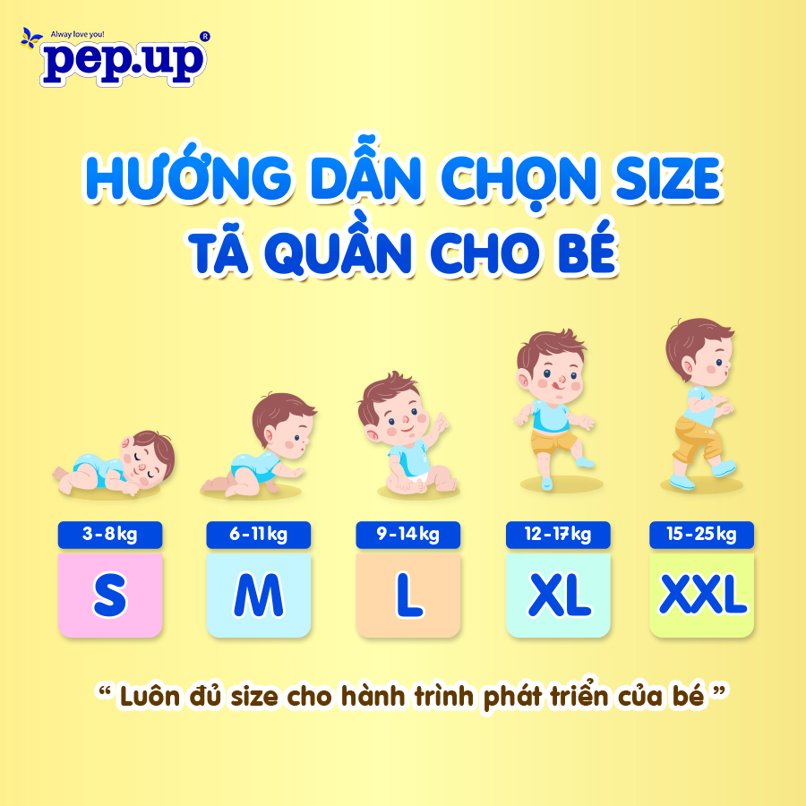 Tã/Bỉm Quần Em Bé Pep.up Extra Dry Gói Nhỏ Siêu Mềm Mại, Siêu Khô Thoáng, Kháng Khuẩn Size S11, M10, L9, XL8