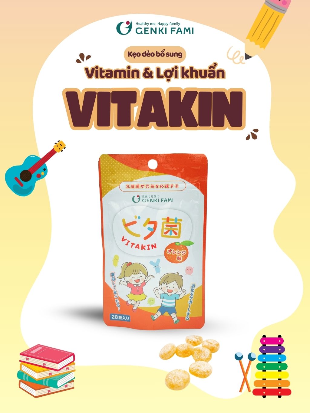 Kẹo Dẻo Vị Cam Bổ Sung Vitamin và Lợi Khuẩn Genki Fami Nhật Bản Gói 28 Cái