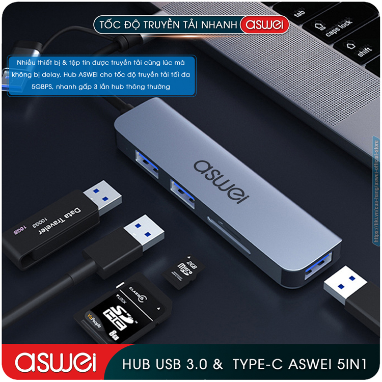 Hub Chuyển Đổi USB Type C ASWEI 5 in 1 To USB 3.0, SD, TF - Hàng Chính Hãng
