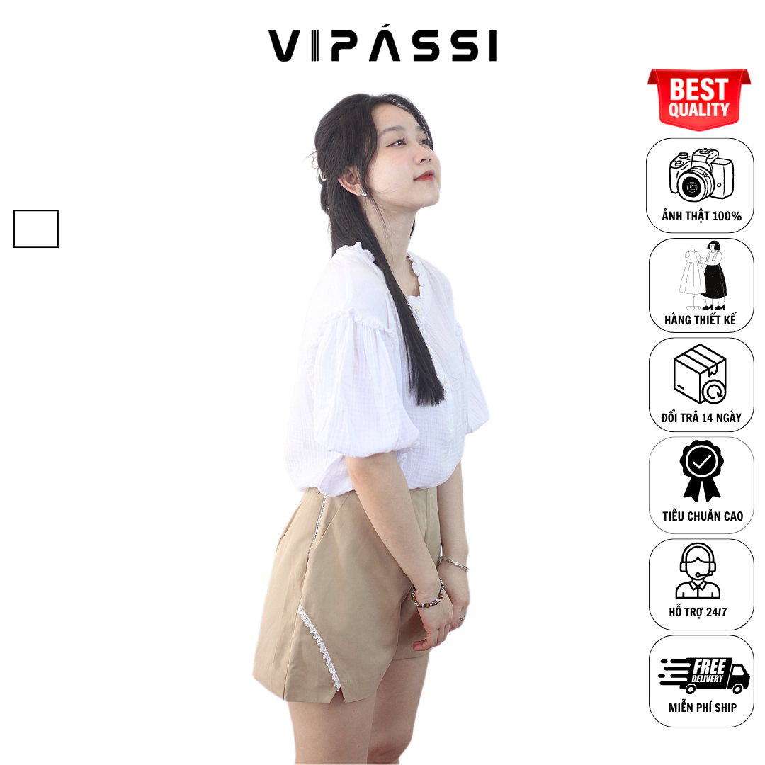 VIPÁSSI Áo Baby Cotton Cổ Bèo Đính Nút Ngắn Tay Phòng Trắng