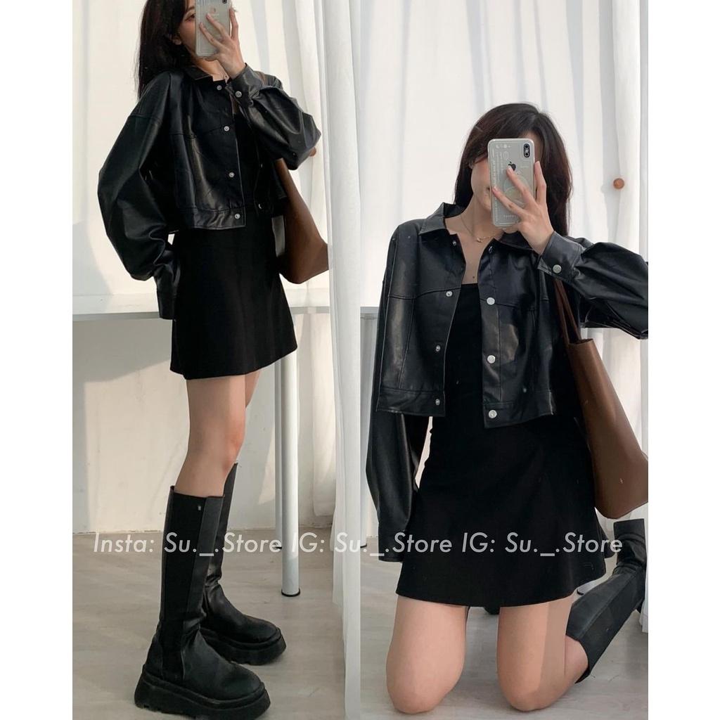 ÁO KHOÁC DA DÁNG CROPTOP DÀI DAY CÚC BẤM HACK DÁNG