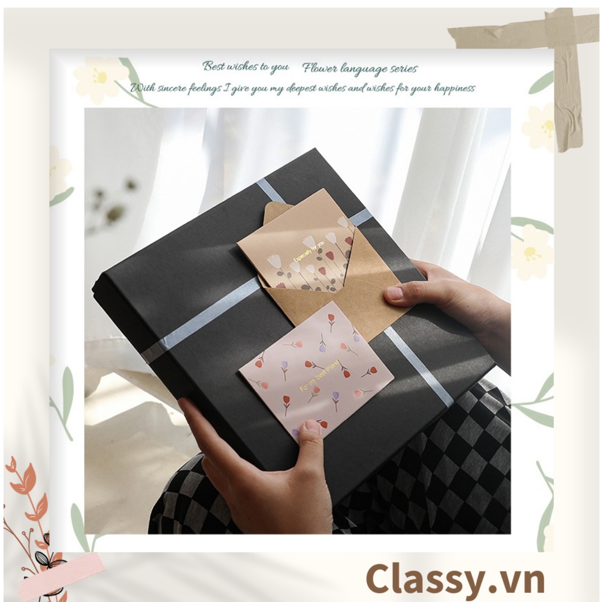 Thiệp Cổ điển Vintage in họa tiết hoa nhí giấy art sang trọng kèm phong bì giấy kraft nâu Q724