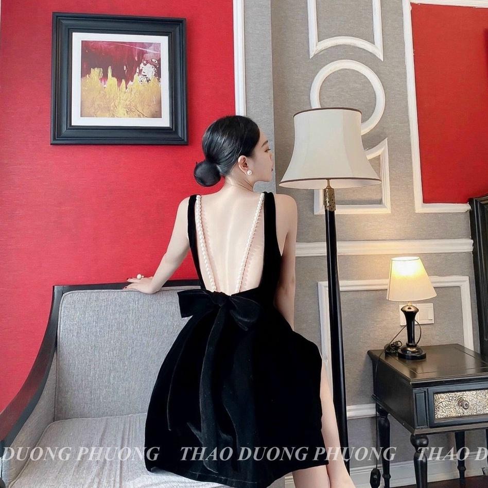 Đầm xoè nhung 2s đính cườm nơ lưng