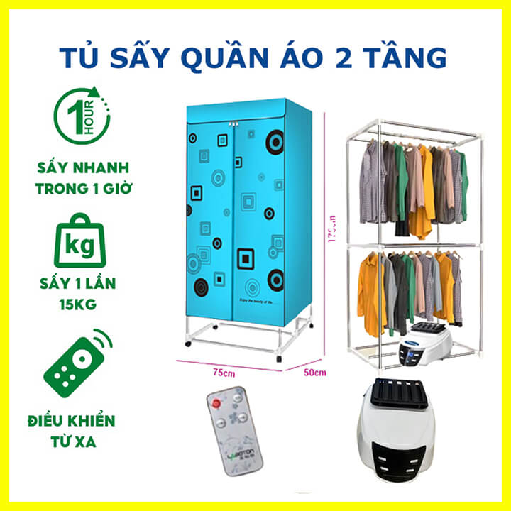 Tủ sấy quần áo 2 tầng công suất 1300W có điều khiển từ xa, máy sấy quần áo khô nhanh diệt khuẩn chống ẩm mốc