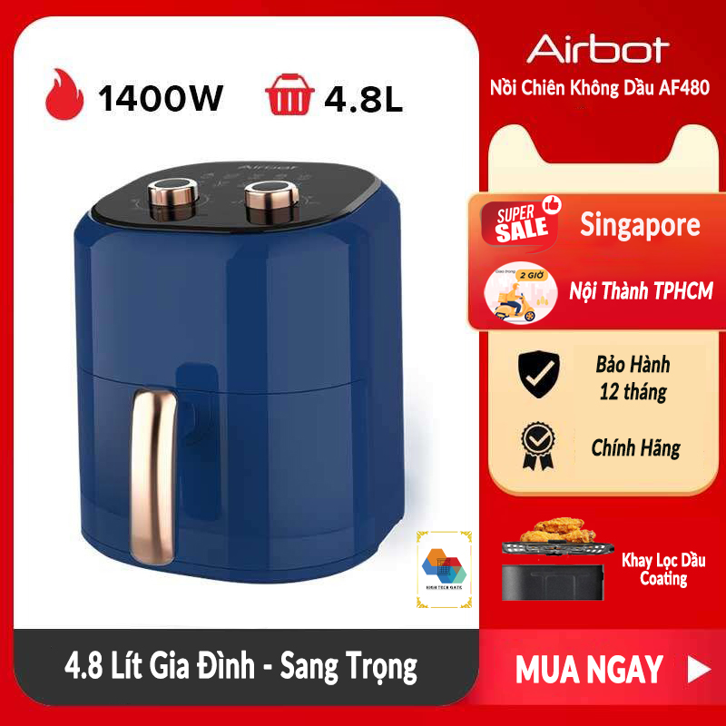 Nồi chiên không dầu Airbot AF480 dung tích 4.8 Lít, công nghệ gió xoáy 3D turbo, chống dính và tự động bật/tắt an toàn, có hẹn giờ, hàng chính hãng