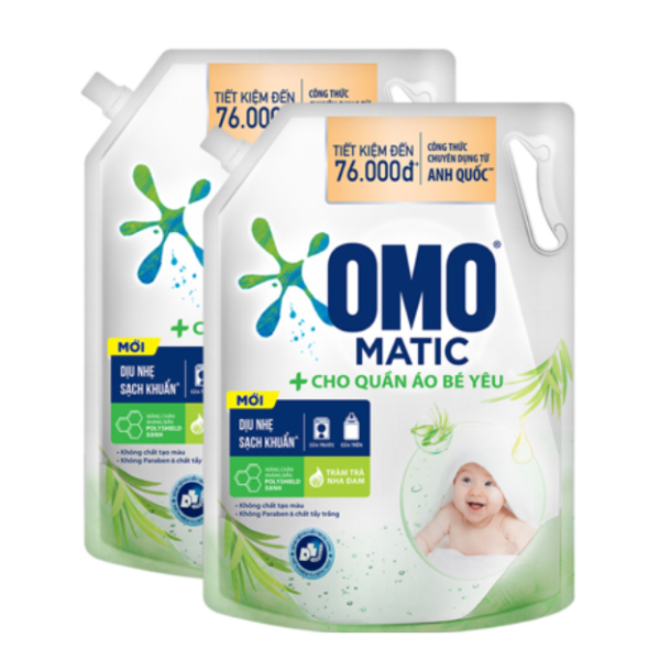 Combo 2 TúI Nước Giặt Omo Matic Cho Quần Áo Bé Yêu Chiết Xuất Tràm Trà Và Nha Đam Dịu Nhẹ, Sạsh Khuẩn , túi 3.6Kg