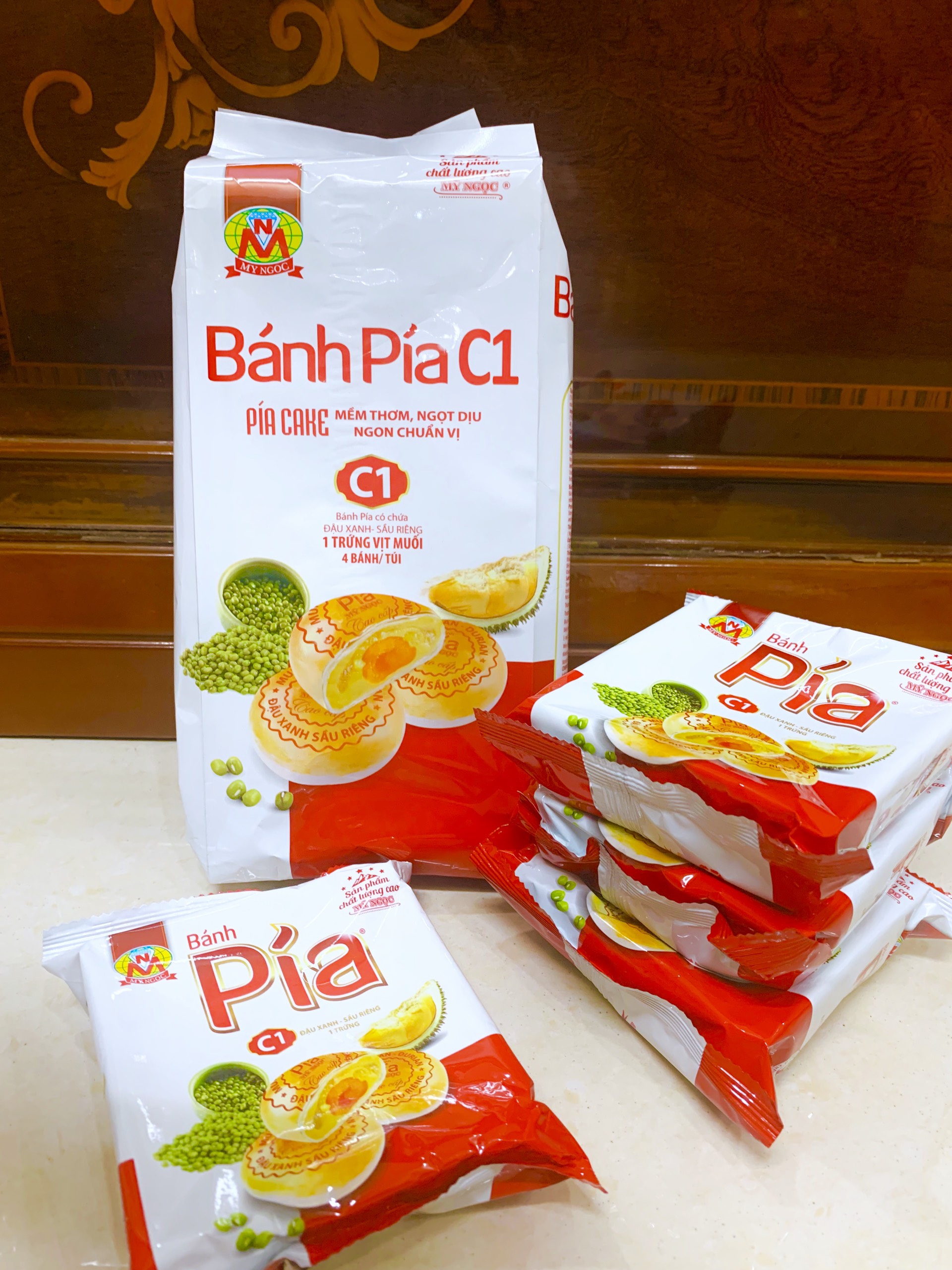 400g Bánh pía C1 đậu xanh SẦU RIÊNG CHÍN cao cấp MỸ NGỌC có 4 TRỨNG MUỐI