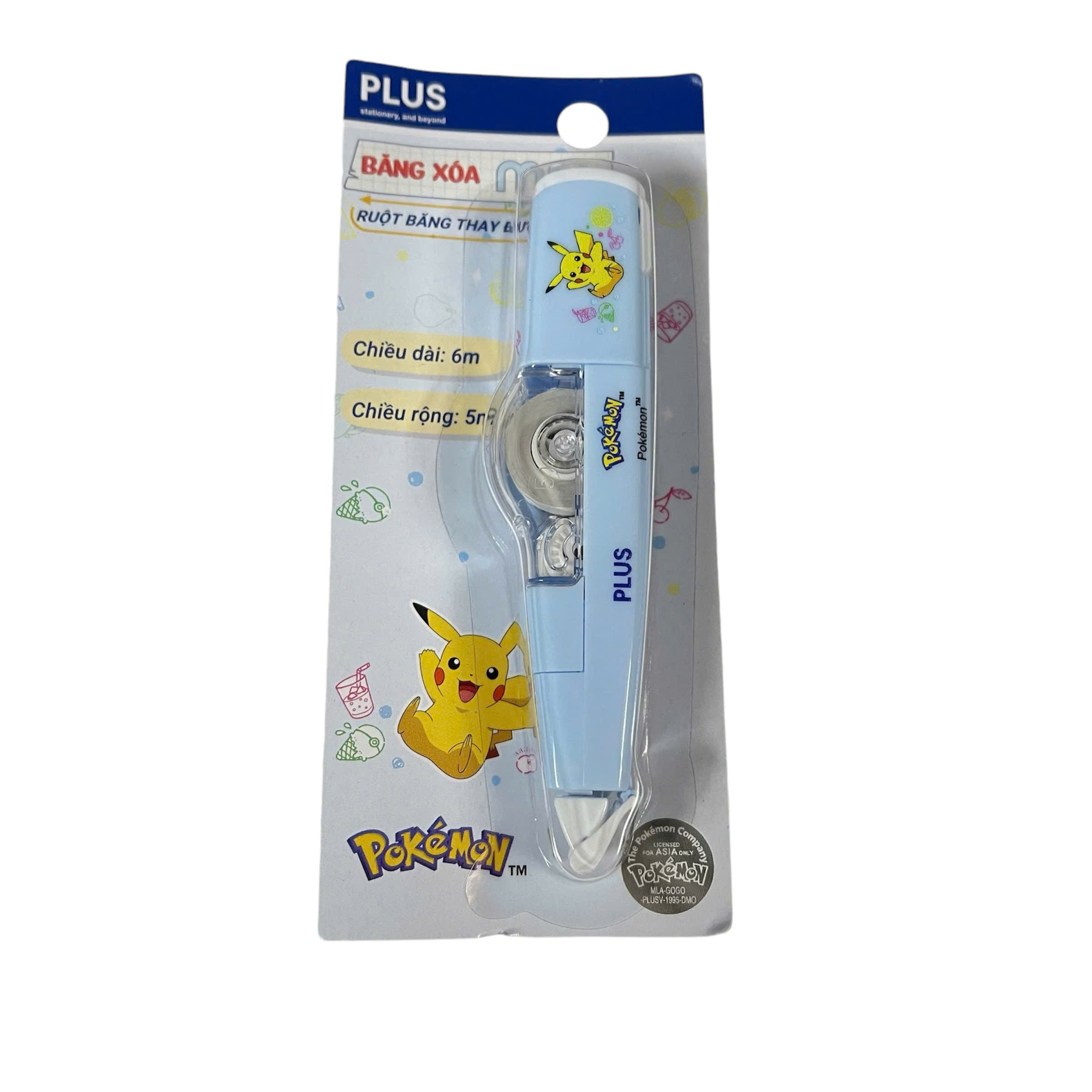 Băng xóa PLUS MR POKEMON 5mm x 6m - Màu xanh dương 100-V030 (bút xóa kéo)