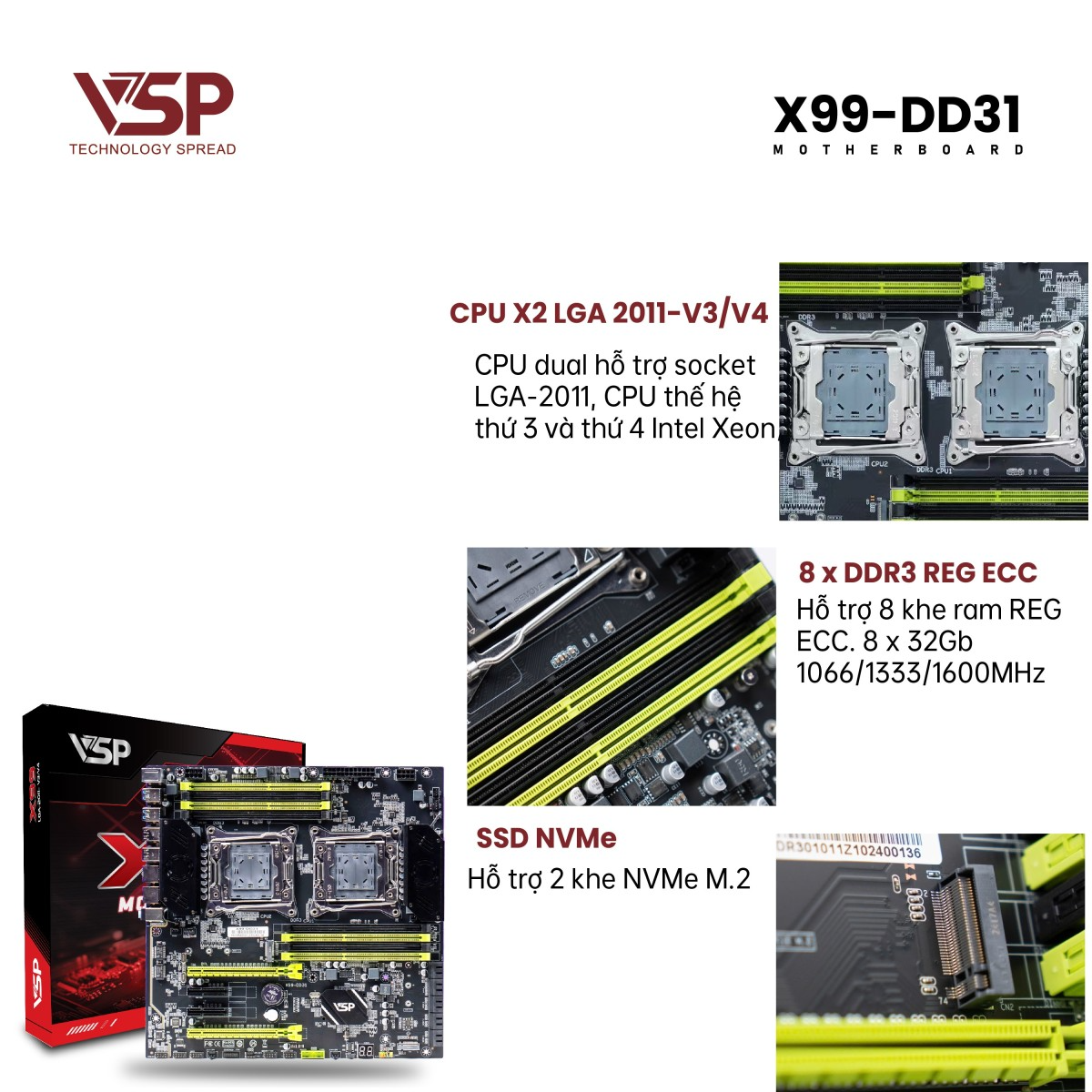 Bo Mạch Chủ Main VSP X99-DD31 D3 (Dual CPU) Socket LGA 2011 – Hàng Chính Hãng