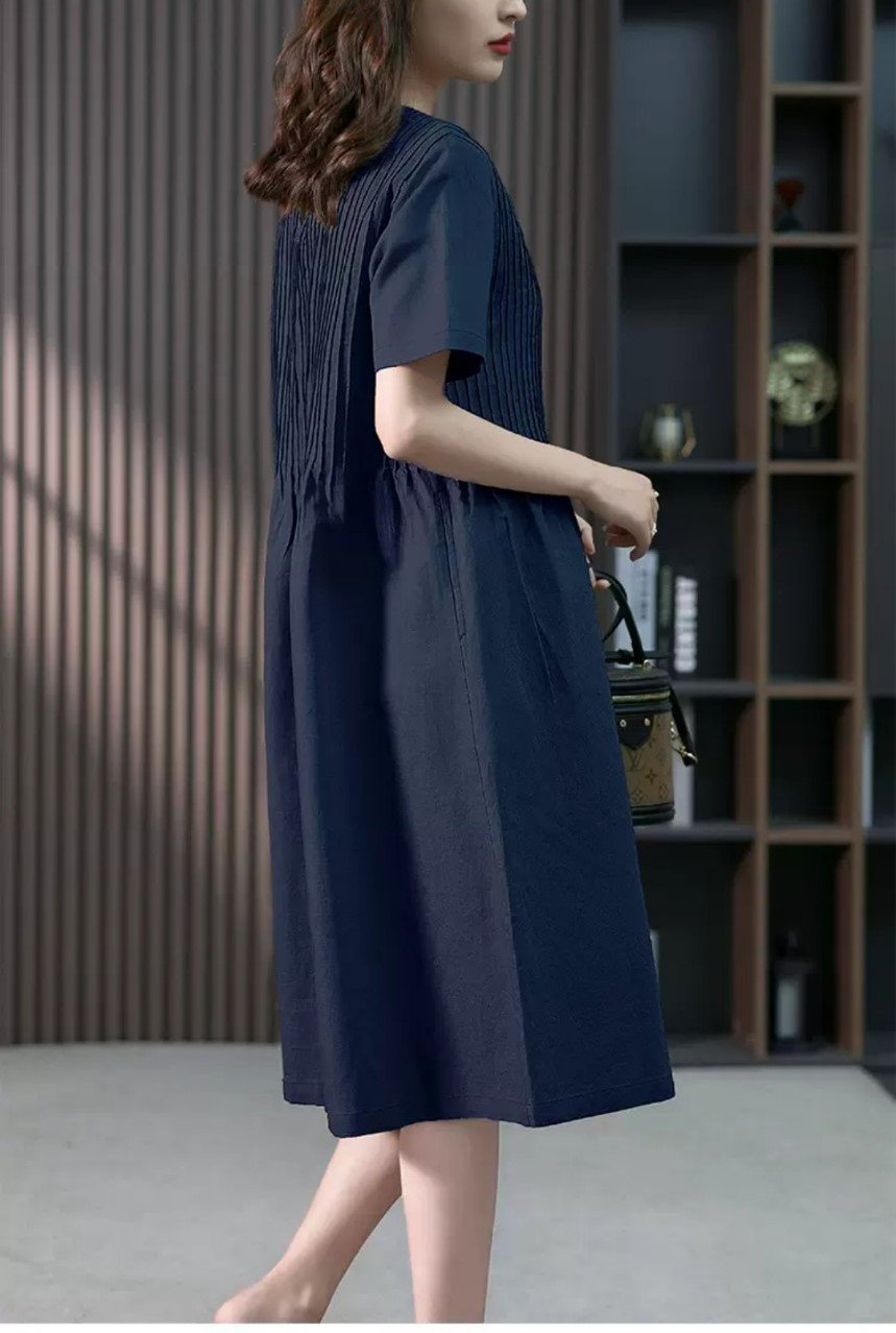 Đầm Linen suông nữ ngắn tay, dáng dài suông kèm đai eo rời, phong cách nữ retro Đũi Việt